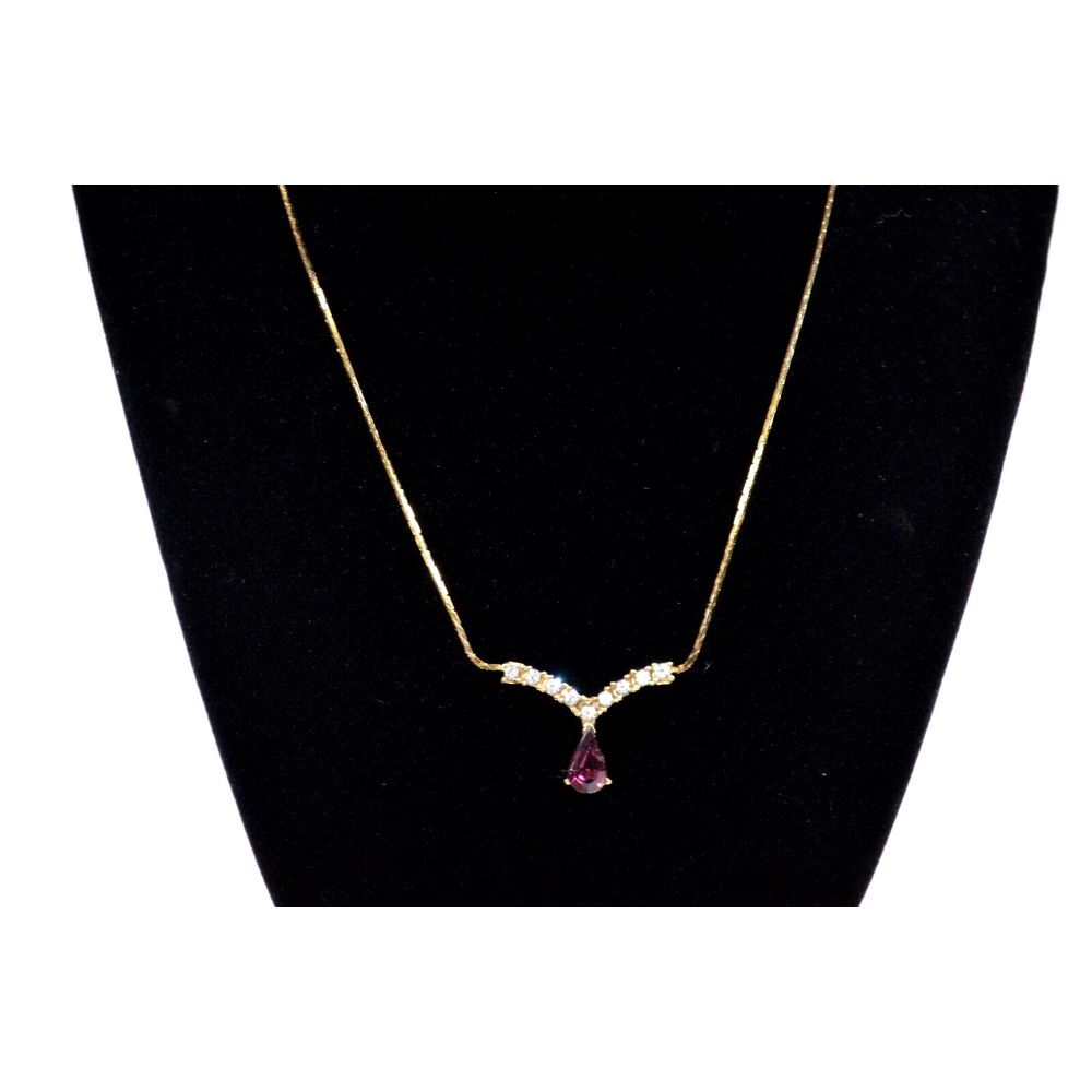 Vtg MI Gold‎ Tone CHOKER Necklace w/ Purple Teardrop Pendant & Clear Rhinestones
